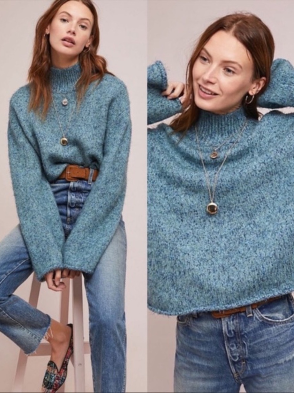 Anthropologie Moth Sparkle Knit Sweater Small Blue Turtleneck Boxy Pullover